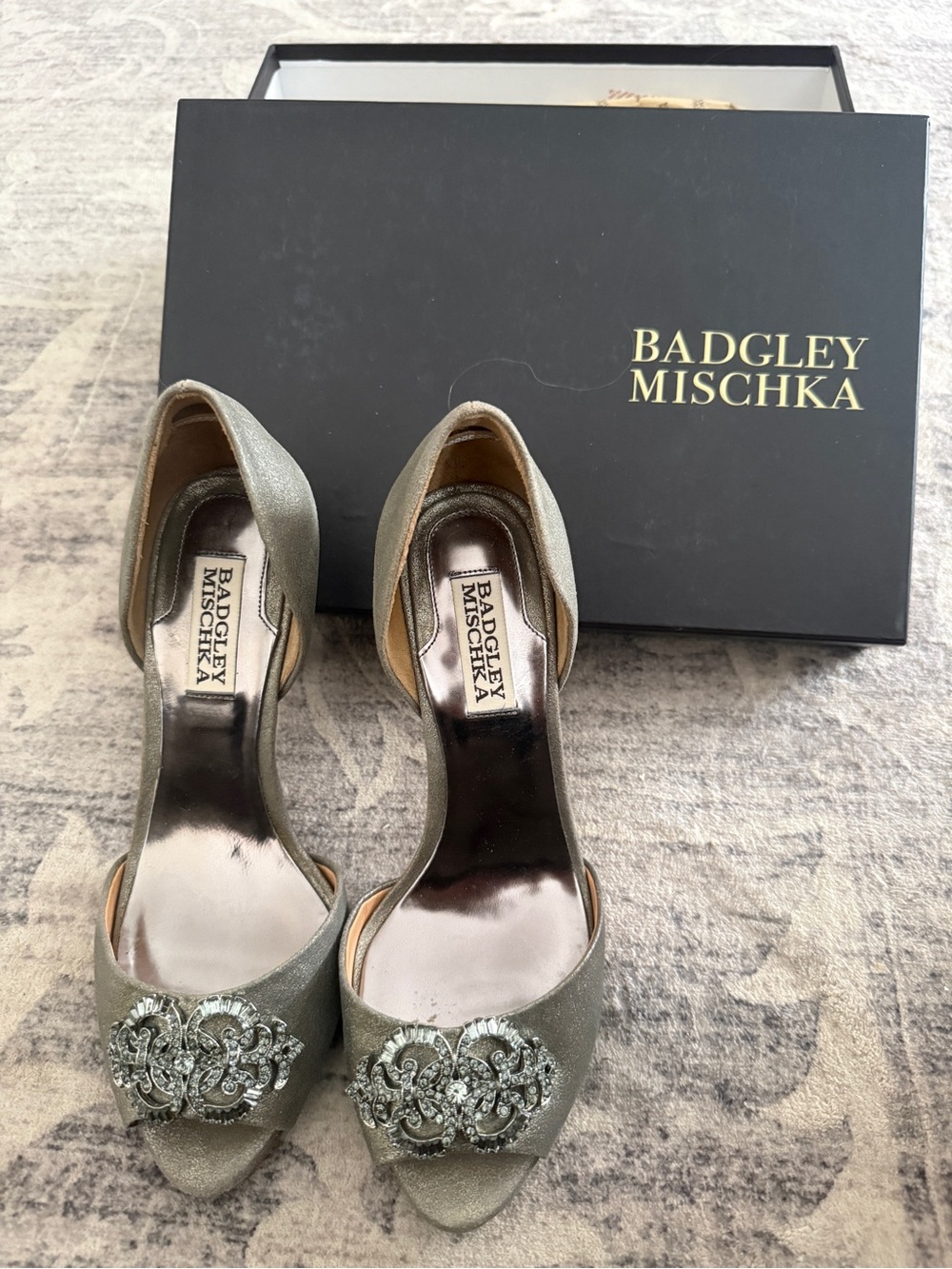 Badgley Mischka Metallic Silver Open-Toe Embellished Heels